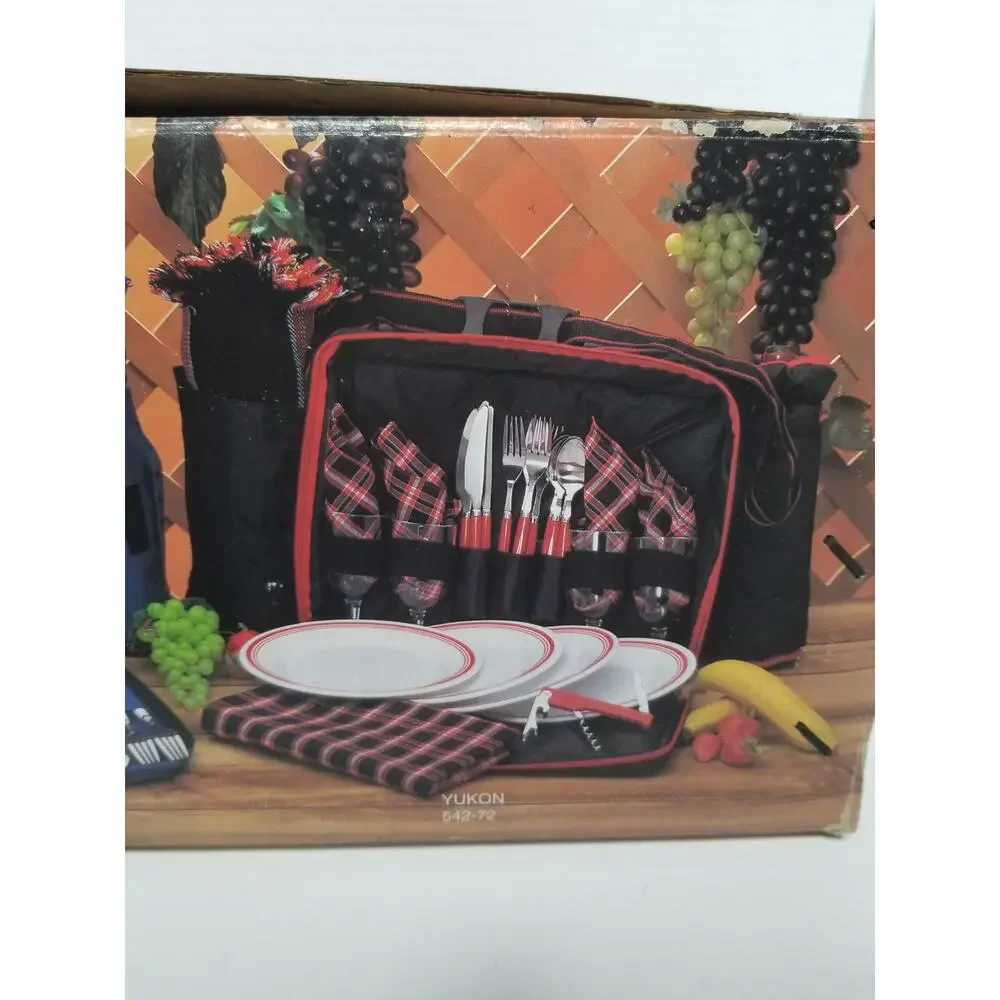 Vintage 2 Person Picnic Backpack Kit Insulated Cooler Utensil Glasses Plates New